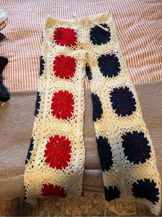 None Pants - Handcrafted Crochet Boot Cut Pants in Red, Navy & Cream